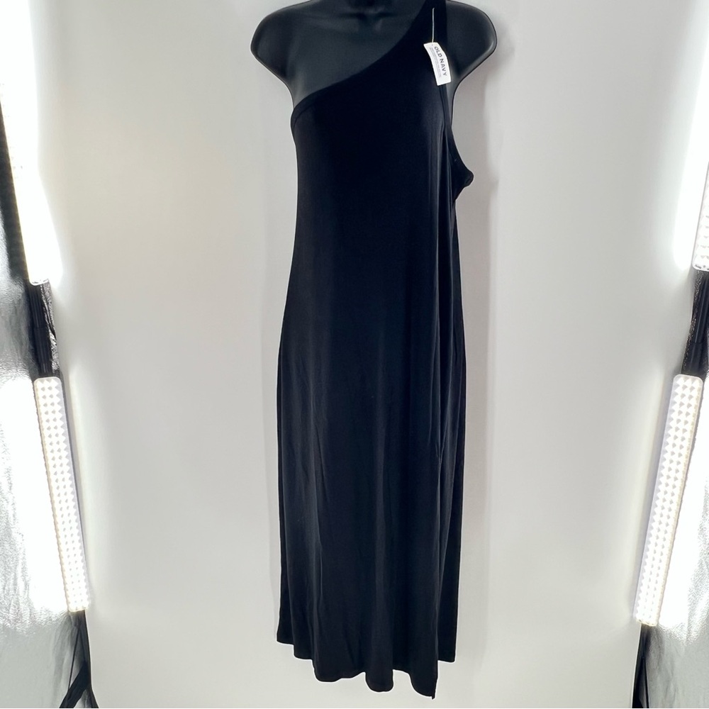 Old Navy Women’s Ribbed Knit Black One-Shoulder Long Tank Dress-Slit on left-XL